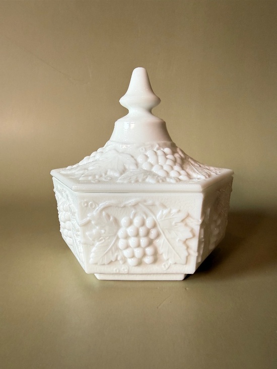 Imperial Glass Other - Imperial Glass Milk Glass Paneled Grape Lidded Candy Dish | Grapes & Leaves